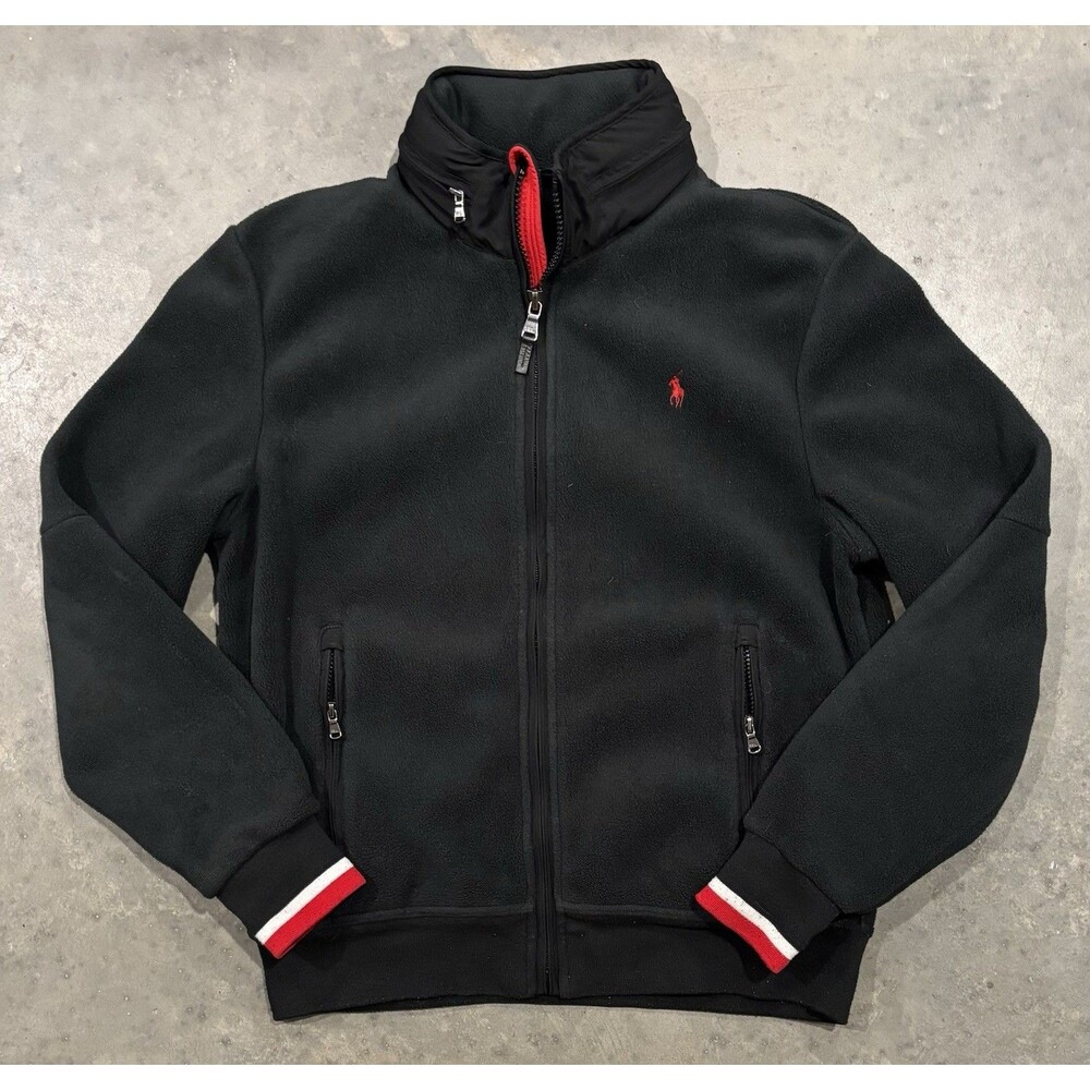 Polo Ralph Lauren Fleece Jacket Mens L Black Performance Full Zip Hidden Hood